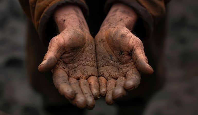Dirty hands holding soil and offering help, symbolizing support and compassion.
